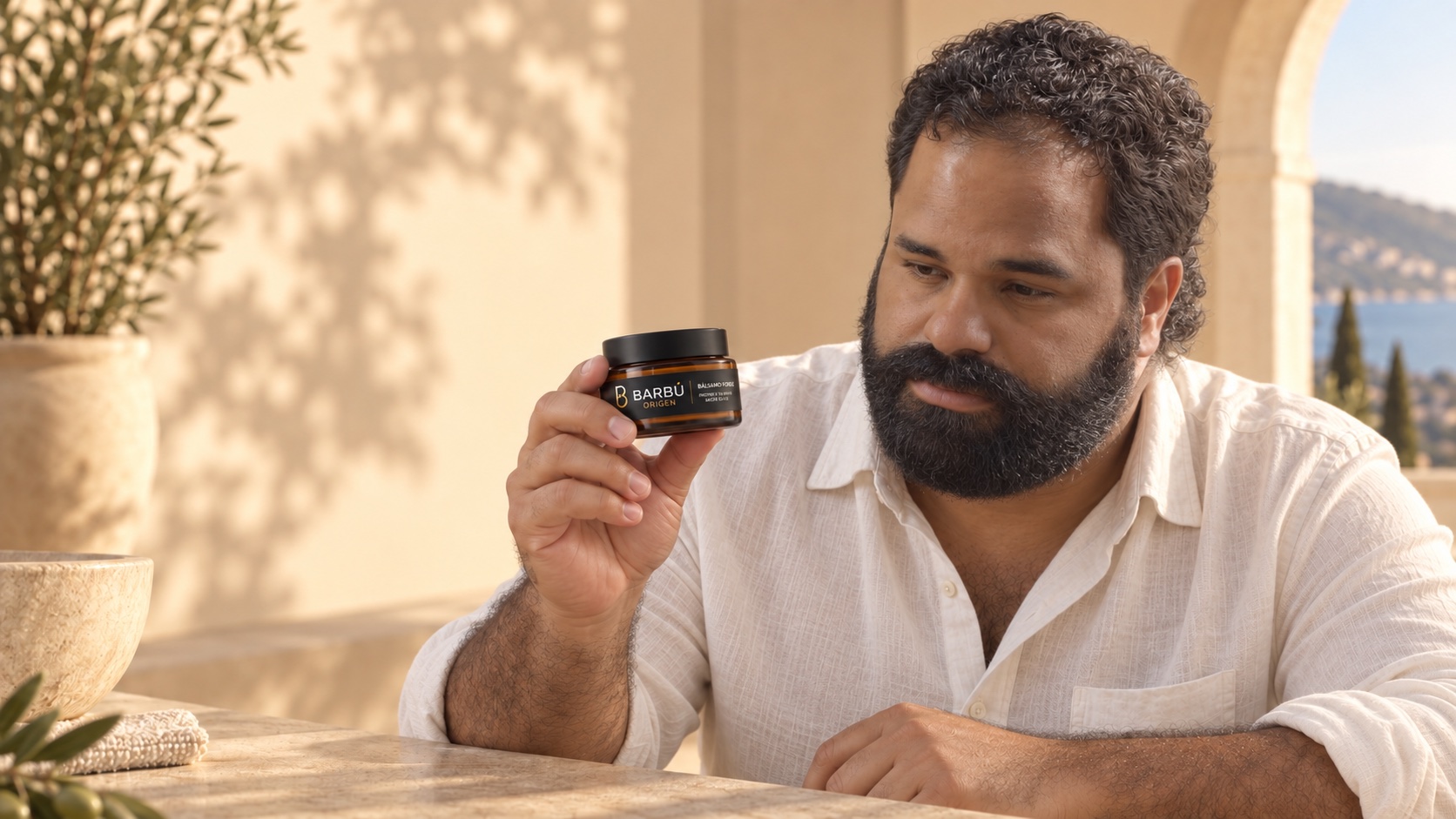 Barbú Origen customer holding Bálsamo Forge